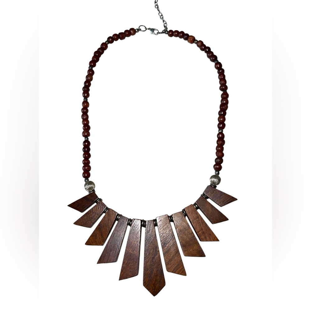 Boho Wooden Brown Beaded Necklace‎ with Wood pendants and silver clasp